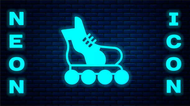 发光的霓虹灯轮滑图标孤立在砖块上图片下载