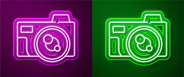 发光的霓虹灯线照片相机图标隔离图片下载