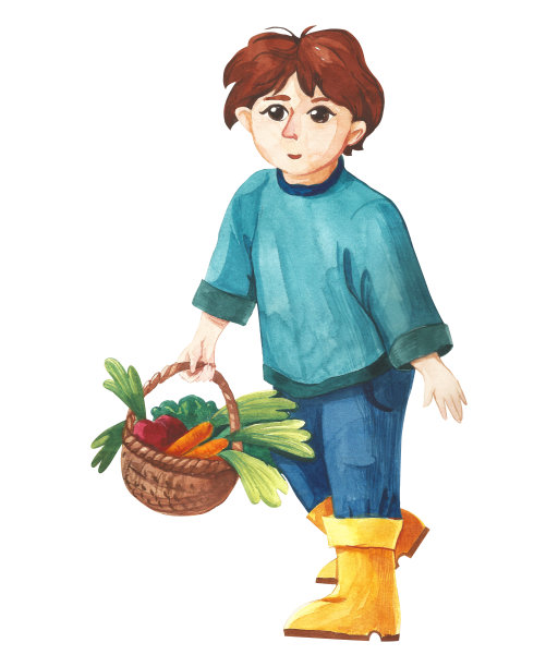 一个穿着胶靴的小男孩拿着一篮子蔬菜。图片下载