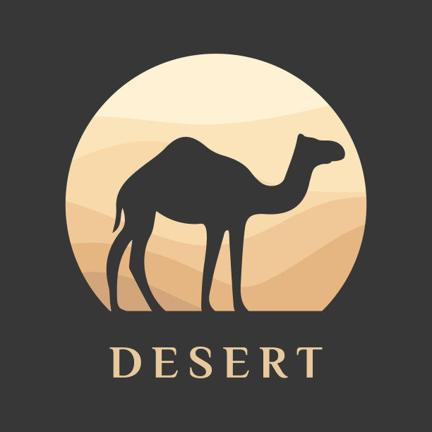 阿拉伯式骆驼在沙漠沙丘符号米色金色沙在炎热的太阳下在圆形波浪图案的背景。设计模板图标，徽章，象形图，符号，旅游标志，旅游热点。向量孤立图片下载