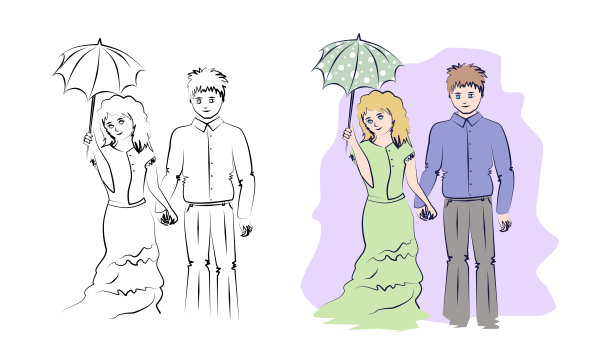 动漫插图。Set Girl and Boy。水彩徒手画。在白色背景上。幸福人用伞线艺术。图片下载