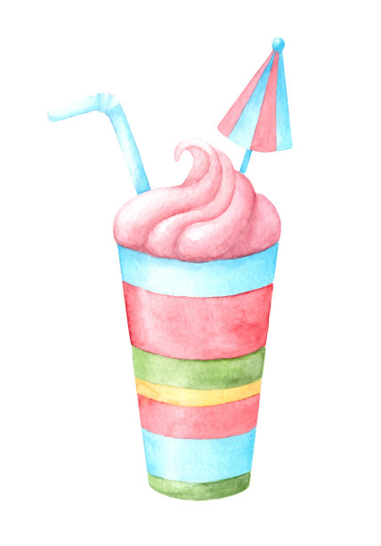 水彩画的鸡尾酒与伞。图片下载