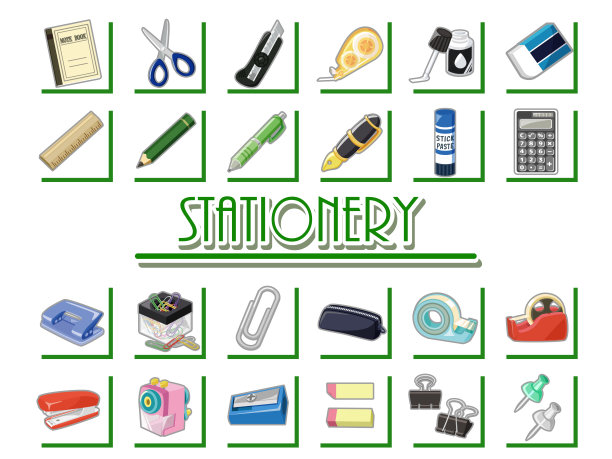 一套图标文具和办公用品。铅笔、笔记本、剪刀等文具和办公用品。矢量图图片下载
