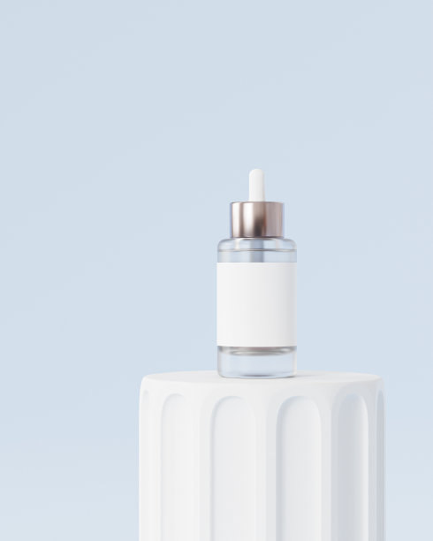 模型玻璃瓶滴与标签化妆品，护理产品或广告，柱子讲台，3d插图渲染图片下载