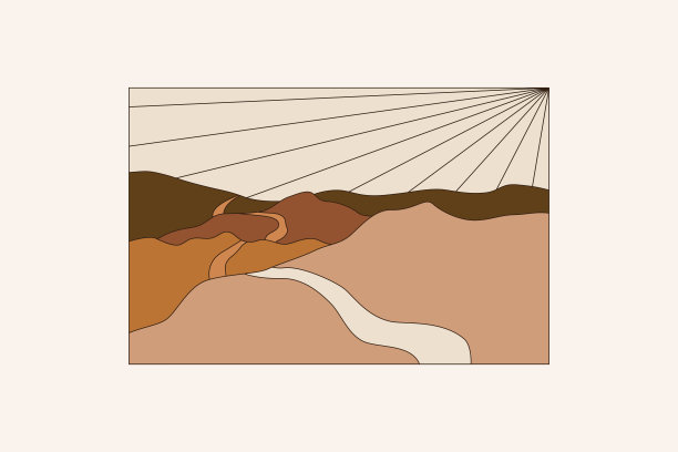 矢量插图在简单的线条风格-波西米亚抽象印刷-简单的自然景观与山和丘陵图片下载