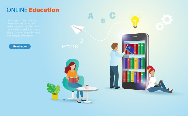 全球在线教育、图书馆、电子书和在家学习的概念。学生通过手机app阅读书架上的书籍，在线学习，在线学习图片下载