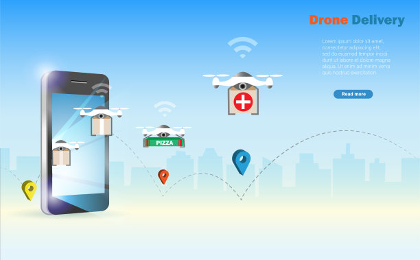 无人机从智能手机向客户递送食品、药品和货物。无人机送货服务理念，现代自主运输技术图片下载