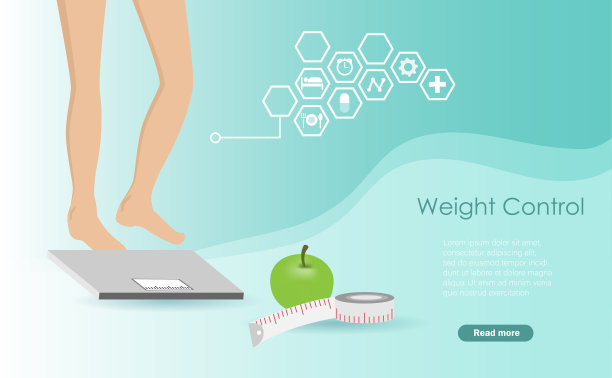 女人的腿放在称量秤上，卷尺上夹着青苹果。控制体重和健康饮食的想法。图片下载