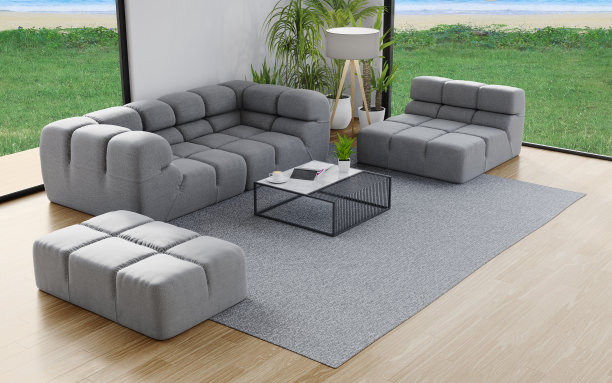 现代住宅或豪华酒店大客厅木地板上的地毯和沙发。图片下载