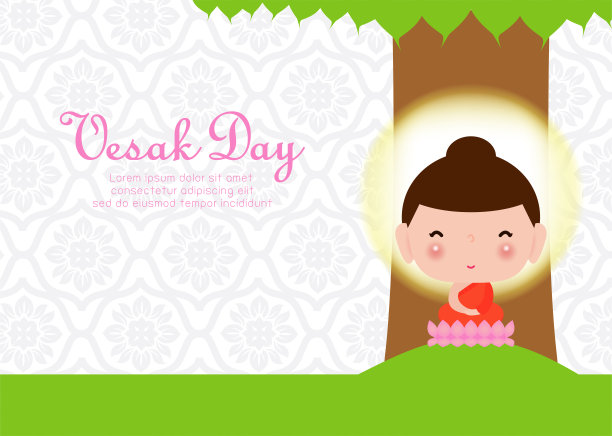 快乐卫塞日与可爱的佛陀坐在菩提树下维萨礼拜日，佛purnima，佛教节日概念横幅背景矢量设计矢量插图。图片下载