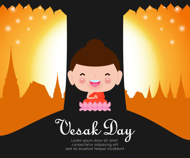 快乐卫塞日与可爱的佛陀坐在菩提树下维萨礼拜日，佛purnima，佛教节日概念横幅背景矢量设计矢量插图。图片下载