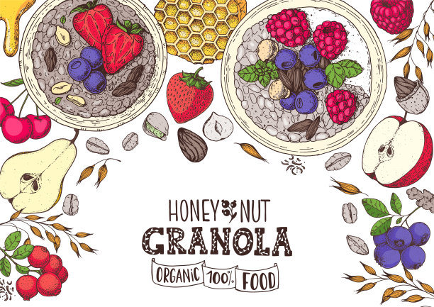 格兰诺拉麦片插图。燕麦片，浆果，水果和坚果。早餐俯视图框架。早餐菜单设计。手绘矢量插图。图片下载
