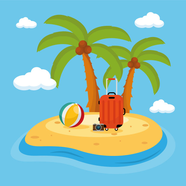 海滩场景与棕榈树和设置旅行图标图片下载