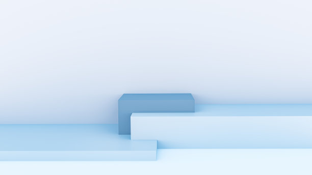 蓝色背景裙房和最小的蓝色墙场景，裙房最小的背景抽象形状蓝色粉彩。舞台3d产品在讲台现代平台，3d插图。图片下载