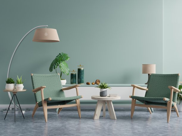 客厅室内绿色墙壁模型与扶手椅和配件在房间。图片下载
