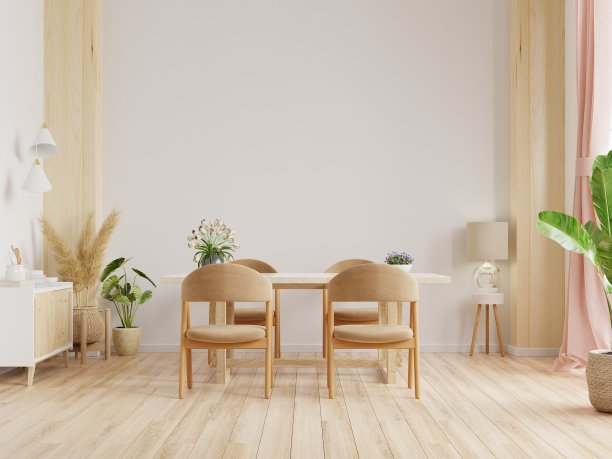 现代餐厅室内设计与白色墙壁。图片下载