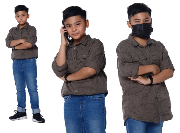 全身10岁亚洲男孩短发休闲衬衫孤立图片下载