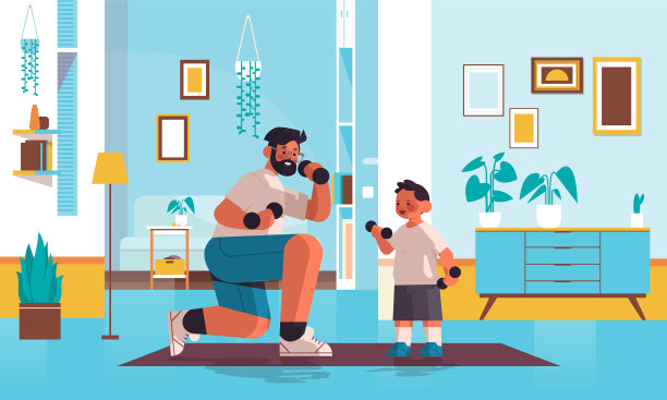 年轻的父亲和儿子一起做体育锻炼图片下载