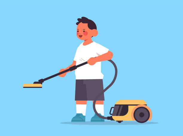 小男孩用吸尘器清洁童年图片下载