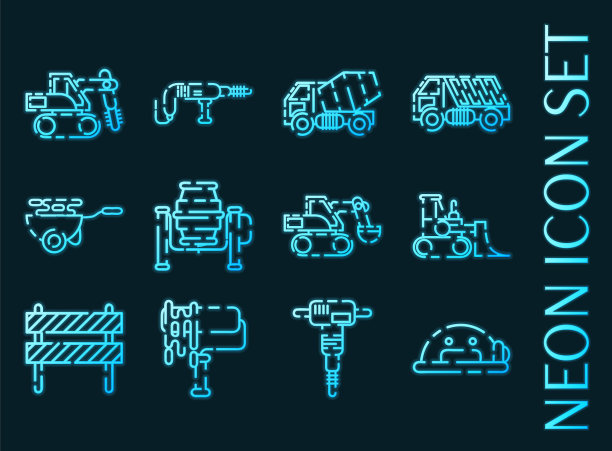 设置建筑机械发光的霓虹灯图标图片下载