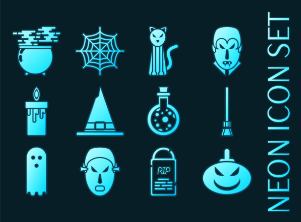 万圣节设置图标蓝色发光霓虹灯风格图片下载