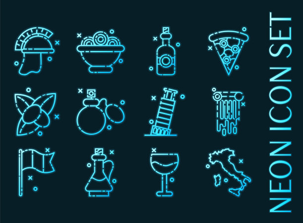 意大利设置图标蓝色发光霓虹灯风格图片下载