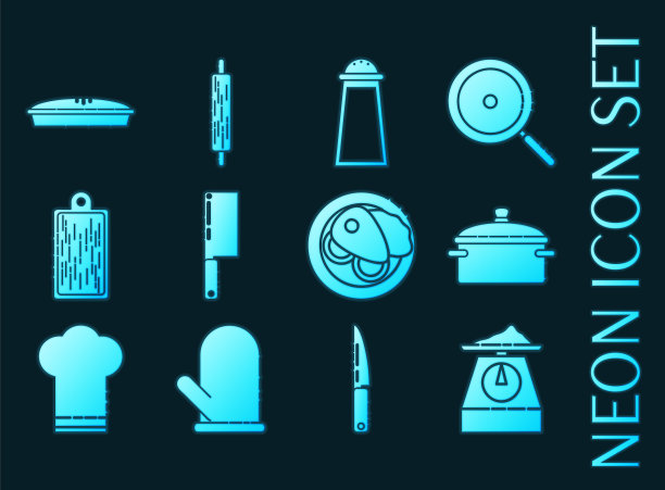 厨房设置图标蓝色发光霓虹灯风格图片下载