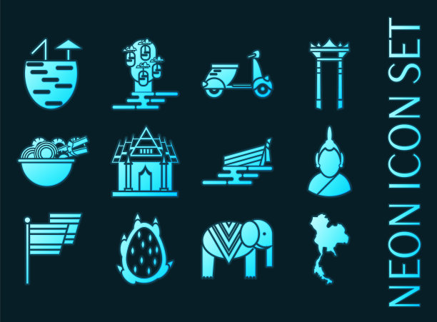 泰国设置图标蓝色发光霓虹灯风格图片下载