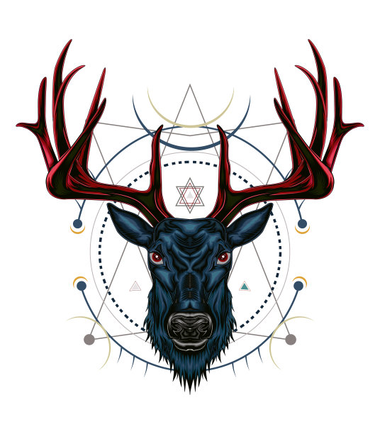 鹿头插图与装饰设计在黑暗的背景在严肃的脸。T恤设计，巴克标志，吉祥物，墙面装饰。图片下载