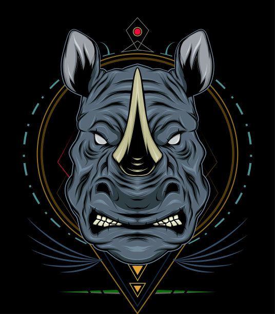 犀牛标志设计吉祥物与现代插画概念风格的徽章，徽章和t恤印花。愤怒的犀牛插图。图片下载