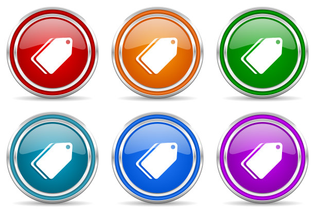 标签票银色金属光泽图标，一套现代设计按钮，为网络，互联网和移动应用程序在6种颜色的选择孤立在白色背景图片下载