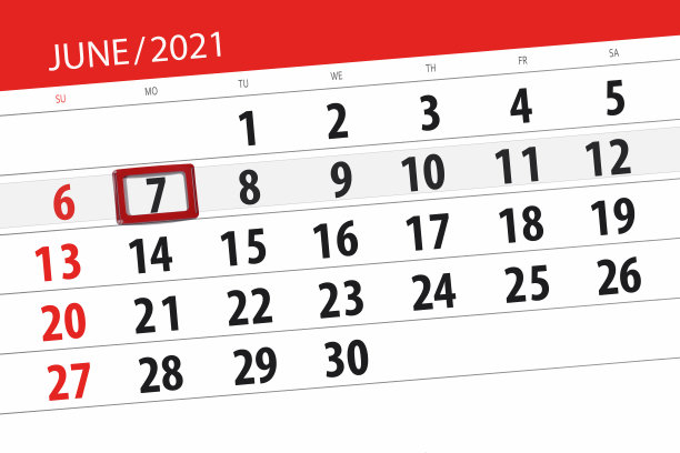 2021年6月的日历计划，截止日期，7号，周一图片下载