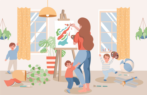 年轻的母亲画抽象画的孩子图片下载