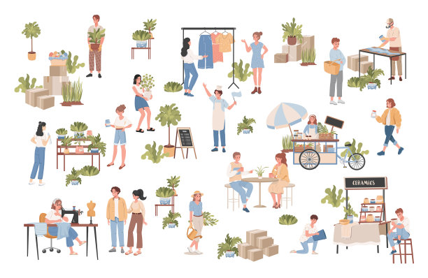 人们照顾植物缝制衣服图片下载