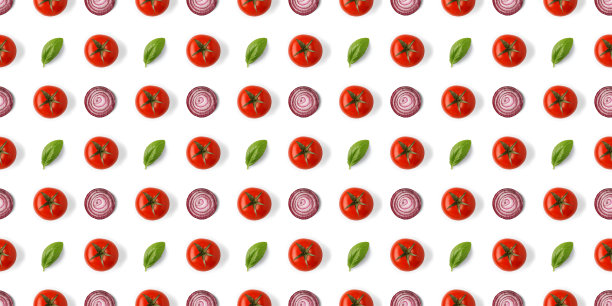 食物模式背景-西红柿，罗勒叶，洋葱图片下载