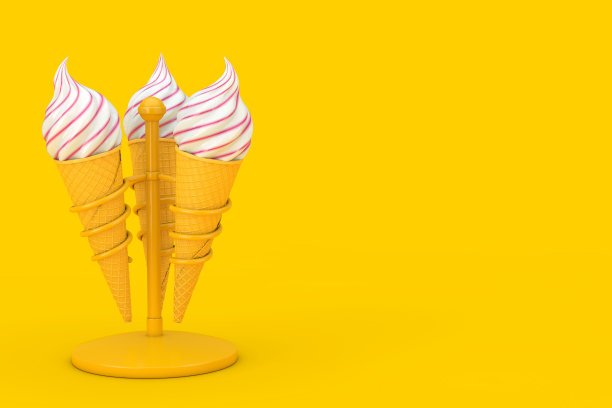 软冰淇淋在华夫饼酥脆冰淇淋蛋筒在铬支架。3d渲染图片下载