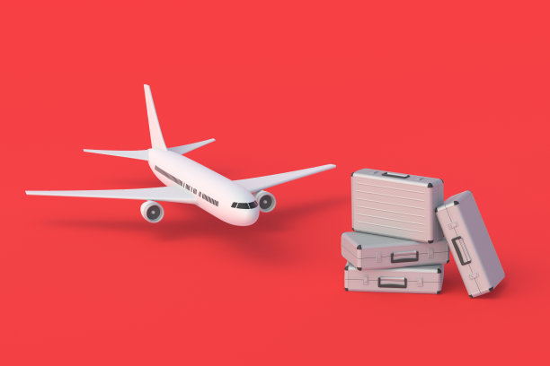 金属手提箱靠近飞机。商业航班,旅行。投资航空公司、客运航空运输。飞机建造融资。快速的包机。三维渲染图片下载