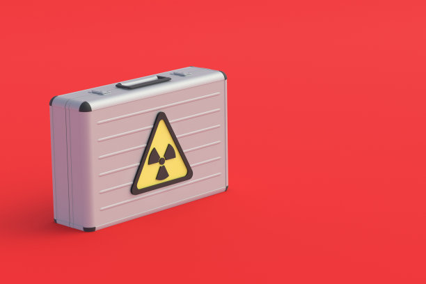带辐射标志的金属手提箱。核的公文包。放射性物质运输的概念。发展生物武器。危险货物。副本的空间。三维渲染图片下载