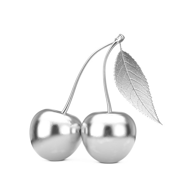 银色樱桃水果与树叶。3d渲染图片下载