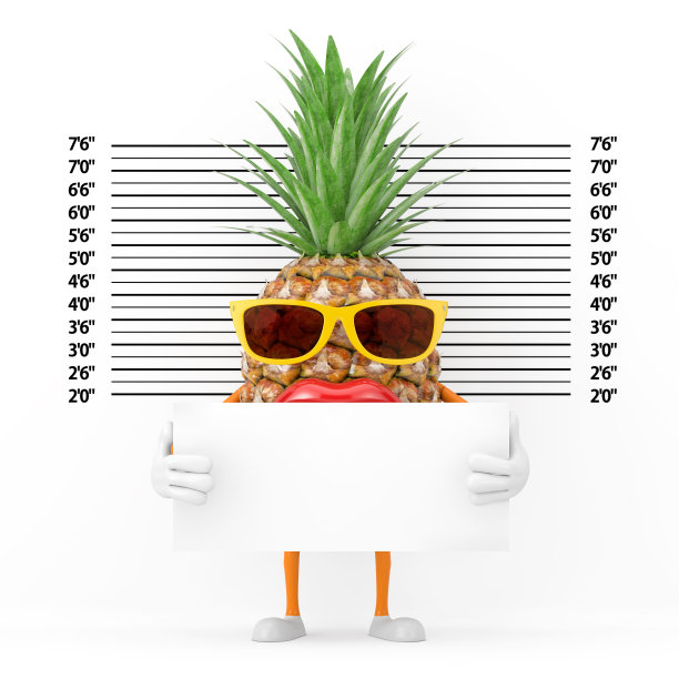 有趣的卡通时尚潮人剪菠萝人物吉祥物识别板在前面的警察阵容或大头照背景。3d渲染图片下载