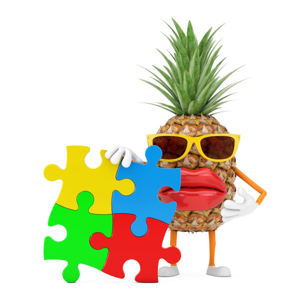 有趣的卡通时尚潮人切菠萝人物吉祥物与四块彩色拼图。3d渲染图片下载