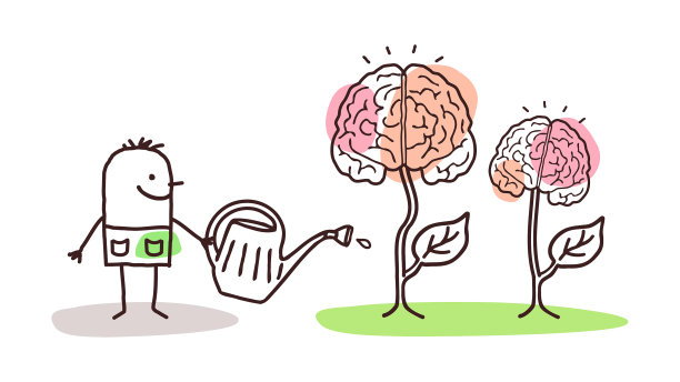 卡通人物在给成长中的大脑浇水图片下载