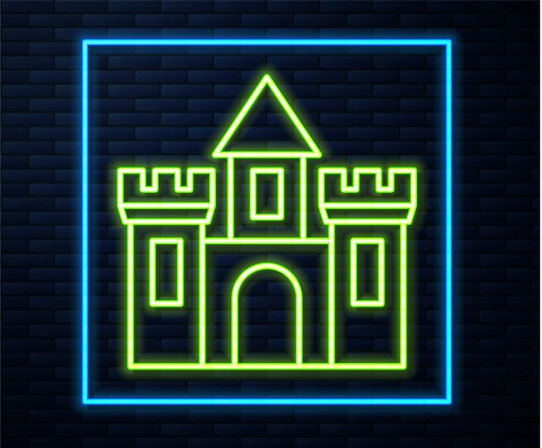 发光的霓虹灯线城堡图标孤立在砖块上图片下载