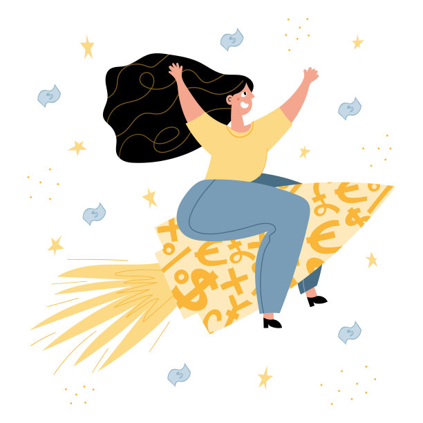 女人在金钱火箭上图片下载