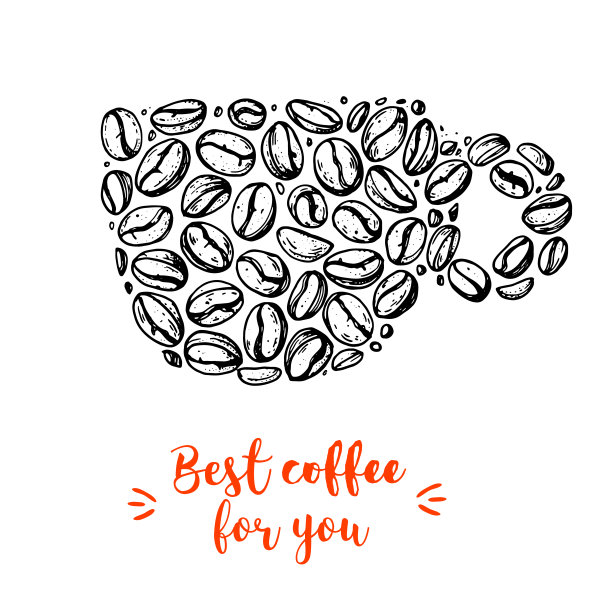 咖啡豆概念插画。杯子里的咖啡豆。手绘草图。黑白矢量插图。咖啡设计的概念。图片下载