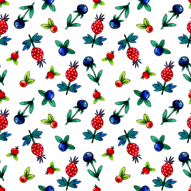 无缝图案的水彩装饰森林花，浆果，树叶和树枝上的白色背景。图片下载