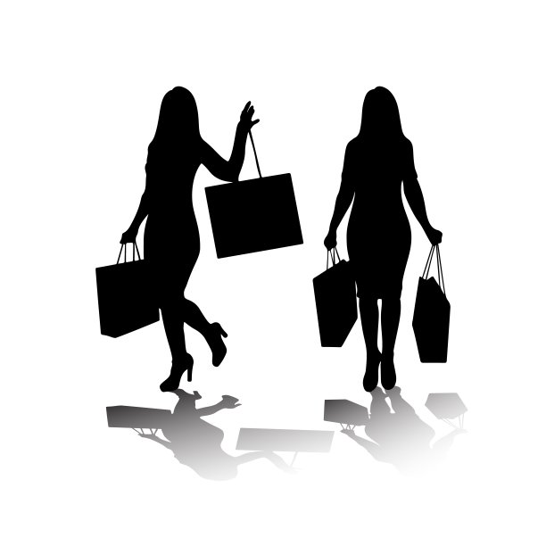 提包的站着女人的剪影。购物的概念。矢量插图。图片下载