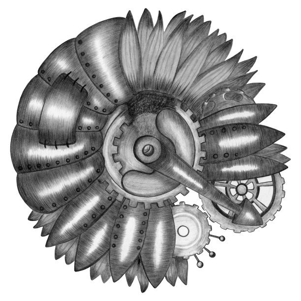 黑白蒸汽朋克向日葵手绘插图。蜡笔画的向日葵。图片下载