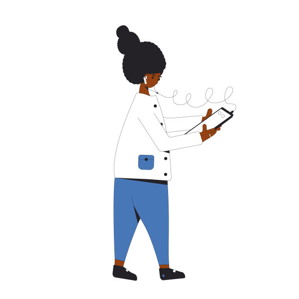 十几岁的女孩听音乐，播客，有声读物，讲座。年轻女性用手机和耳机孤立在白色背景下。社交媒体。音频聊天。矢量插画家图片下载