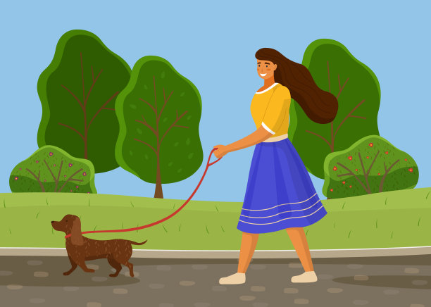 身穿蓝色裙子的女孩在户外遛棕色狗，夏季公园，森林，绿色区域，扁平风格图片图片下载